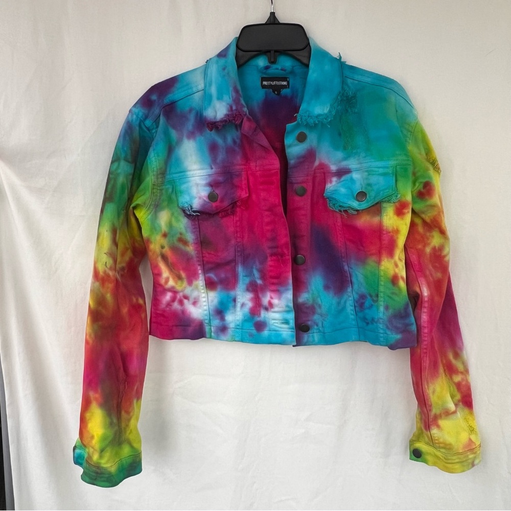 Multicolor Tie-Dye Cropped Denim Jacket with Fringe Details, Size 6